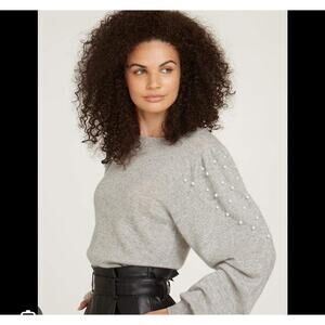 Autumn Cashmere 100% Puff Sleeve Crew Neck Sweater Pearl Detail Small Gray